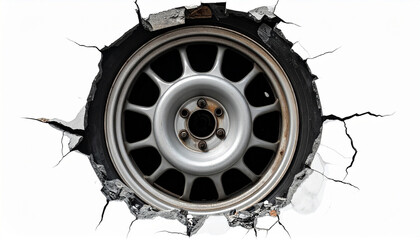 Car wheel breaking through cracked wall &mdash; isolated automotive rim punch-through concept