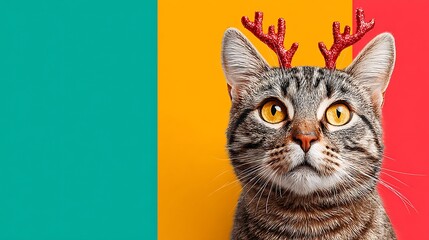 A tabby cat wearing red, glittery antlers with a colorful abstract background