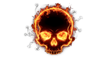 Flaming skull with glowing eyes on transparent background isolated on transparent background, high quality cutout image