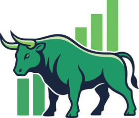 Green bull market symbol with ascending bar graph illustrating financial growth and prosperity