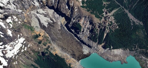 Aerial Satellite View of Ventisquero Negro Glacier and Cerro Tronador in Patagonia Argentina