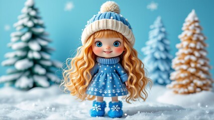 digital illustration doll long blonde hair blue eyes doll wearing blue dress white snowflakes white knitted hat pom pom top she standing snowy landscape three small pine trees background sky light