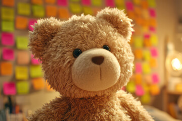 Brown Teddy Bear Sitting in Room with Colorful Sticky Notes