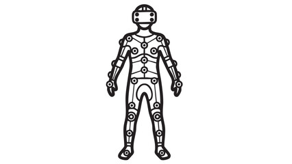 A full-body technical drawing of a robotic figure standing upright with detailed mechanical parts visible