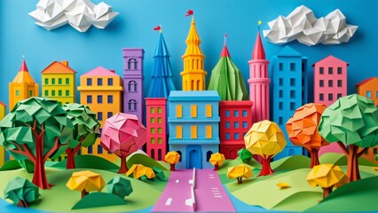 Obraz premium illustration colorful cityscape paper background bright blue color city multiple buildings different colors pink yellow blue green orange purple buildings arranged grid like pattern road center