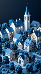 rendering small town church background town multiple white houses blue roofs windows arranged grid like pattern houses surrounded trees bushes road center town church has steeple clock tower cross