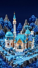 rendering miniature model castle middle snowy landscape castle multiple buildings blue roofs white walls tall white tower blue dome top tower has golden dome side blue roof right side buildings