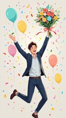 young man blue suit brown shoes jumping air big smile his face holding bouquet colorful flowers his right hand bunch balloons his hand background filled confetti streamers creating festive