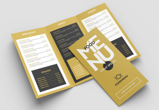 Food Menu Trifold Brochure Layout with Golden Accents