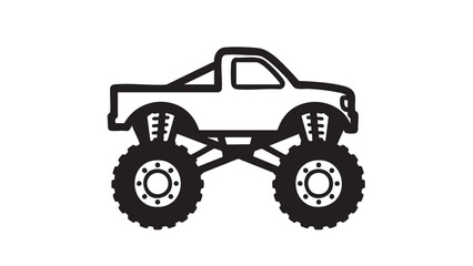 A black and white illustration of a monster truck viewed from the side against a white background