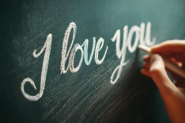 Hand Writing Love Message on Chalkboard