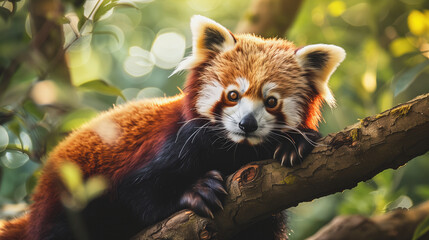 Red panda resting on tree branch in forest