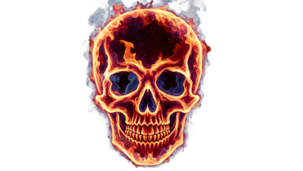 Flaming skull on transparent background with vibrant orange and yellow fire isolated on transparent background, high quality cutout image
