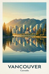 Vintage Travel Poster, Vancouver City Skyline and Mountain Reflection