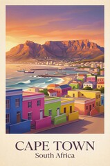 Vintage Travel Poster, Iconic Table Mountain and Colorful Bo-Kaap Houses Cape Town