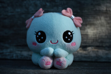Cute Blue Plush Toy with Pink Bows on Wooden Background