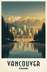 Vintage Travel Poster, Iconic Vancouver Skyline Reflected in Water 