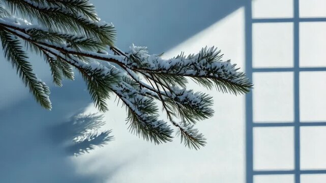 Snowcovered pine branches and shadows shift in winter sunlight against blue wall