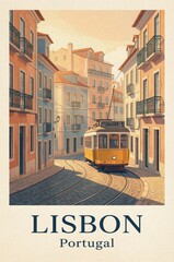Vintage Travel Poster  of Lisbon Street with Famous El&eacute;ctrico 28 Tram.