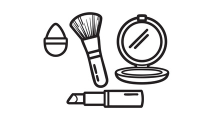 Simple black and white illustration of various cosmetic items arranged neatly on a plain white background