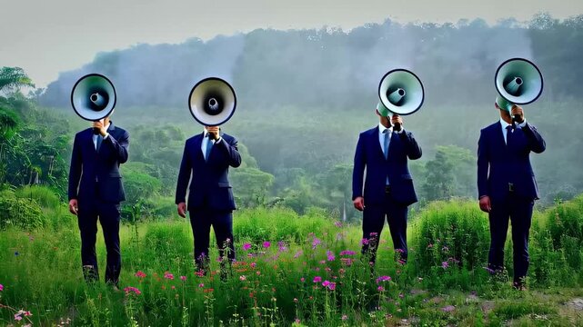 In this intriguing video, four men in suits stand in a lush field, their heads replaced by megaphones. The piece explores themes of voice, authority, and societal norms in a visually striking way. (19
