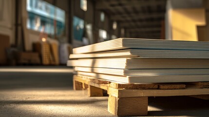 Obraz premium A stack of white rectangular objects rests on a wooden pallet inside a warehouse, bathed in light