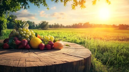 Fresh fruits displayed on a wooden stump in a green field during morning light with a clear blue sky and sun rising over the horizon
