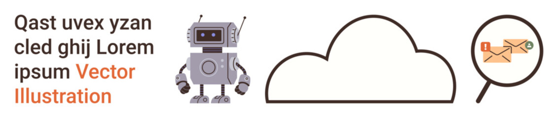 Artificial intelligence, cloud computing, email security, data analysis, technology concepts, cybersecurity. A robot, cloud outline and magnifying glass focused on email. AI and cloud computing