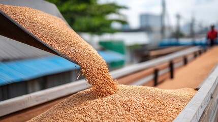 Farm workers transfer harvested wheat into a trailer using a machine on a clear day with fields in the background