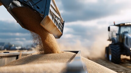 Farm workers transfer harvested wheat into a trailer using a machine on a clear day with fields in the background