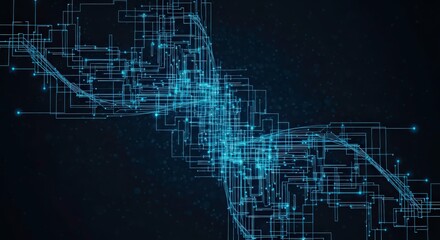 Futuristic blue circuit board design with glowing neon lines and dots on dark background
