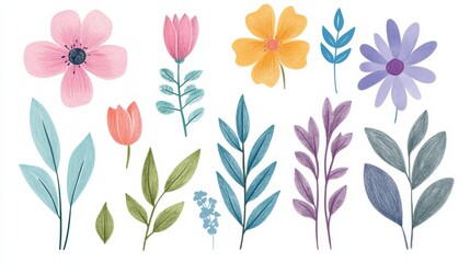 Hand drawn flower crayon watercolor set with pastel colors featuring various floral and leaf designs suitable for children and nature themes