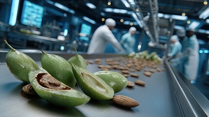 Workers sort green olives on a conveyor belt at an olive processing facility during the afternoon hours of the day