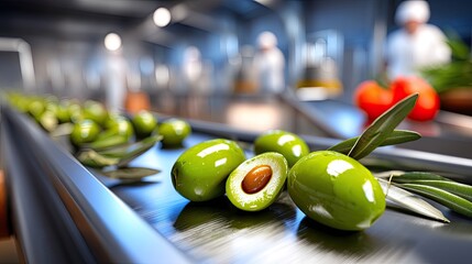 Workers sort green olives on a conveyor belt at an olive processing facility during the afternoon hours of the day