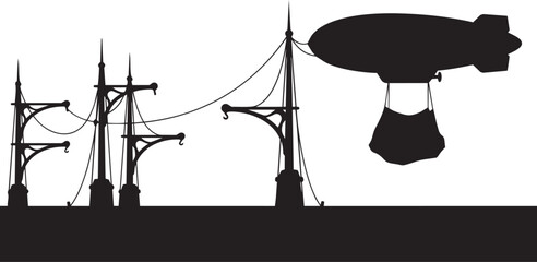 Zeppelin airship flying over ship masts silhouette steampunk style vector illustration © MDSHOFIQUL