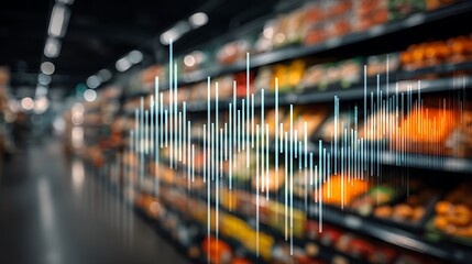 Digitized data overlaying a blurred view of a grocery store's produce section, showing shelves