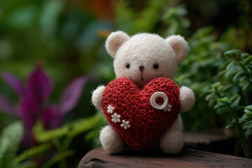 White Teddy Bear Holding Red Crocheted Heart in Garden