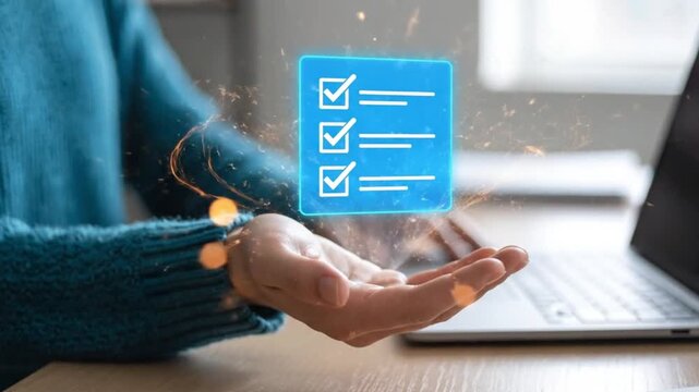 A person's hand holds a glowing blue digital checklist with checkboxes over a laptop.