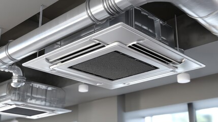 Air conditioning unit is mounted on the ceiling with metal ducts visible in a commercial space during daytime