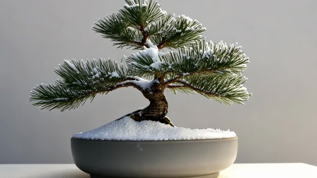 Timelapse of snow accumulating on bonsai pine tree in minimalist setting