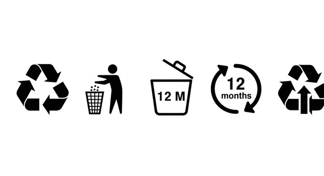 A set of black and white recycling and waste management icons arranged horizontally. From left to right: a standard three-arced recycling symbol