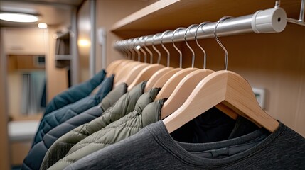 Hangers hold various garments in a compact closet while sunlight enters through windows in the background