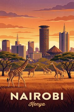 Retro Art Poster of Nairobi City and Wild Giraffes