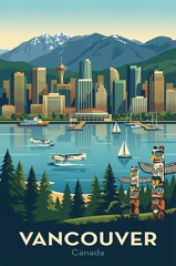 Vintage Vancouver Travel Poster: Skyline, Mountains, and Iconic Totem Poles