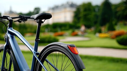 An electric bike stands parked in a lot with its red tail light lit up while cars are nearby