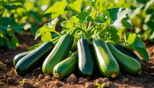 Fresh zucchinis growing in soil with green leaves in garden  
