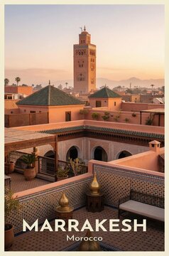 Vintage Travel Poster of Sunrise View Over Marrakesh Rooftops and Koutoubia Minaret