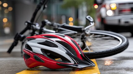 A bicycle lies on the ground beside a red helmet with an emergency vehicle in the background on a city street