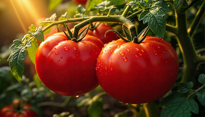 Fresh red tomatoes on vine with water droplets in sunlight  