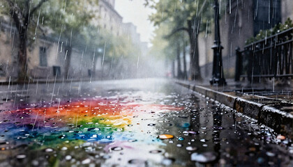 Rain-soaked street with colorful reflections and misty atmosphere  